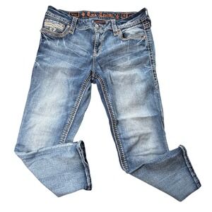 Rock Revival Vien Easy Capri Jeans Blue Distressed Embroidered Size 31